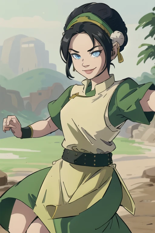 masterpiece, best quality, highres, 1girl, solo, black hair, hairband, belt, short hair, dress, blue eyes, hair bun, green hairband, blind, chinese clothes, hair bun, green dress, short sleeves, pelvic curtain, smile, fighting stance,