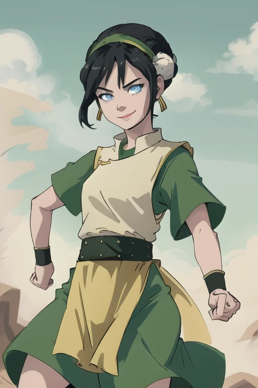 masterpiece, best quality, highres, 1girl, solo, black hair, hairband, belt, short hair, dress, blue eyes, hair bun, green hairband, blind, chinese clothes, hair bun, green dress, short sleeves, pelvic curtain, smile, fighting stance,