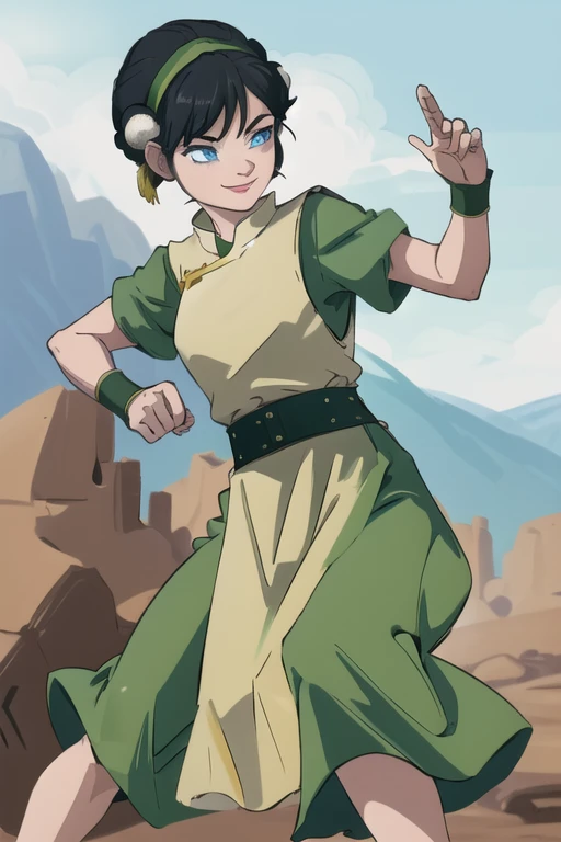 masterpiece, best quality, highres, 1girl, solo, black hair, hairband, belt, short hair, dress, blue eyes, hair bun, green hairband, blind, chinese clothes, hair bun, green dress, short sleeves, pelvic curtain, smile, fighting stance,