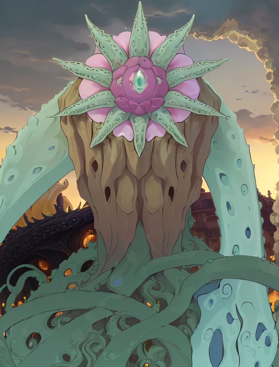 cartoon of a giant flower in a pot with a sky background, a humanoid thistle monster, fine details. anime. tentacles, tentacles climb from the portal, tales of earthsea, his trunk is a huge tentacle, full body close-up shot, tentacle beast, gigantic cthulhu, spongebob cthulhu nightmare, tentacle monster, colorful muscular eldritch