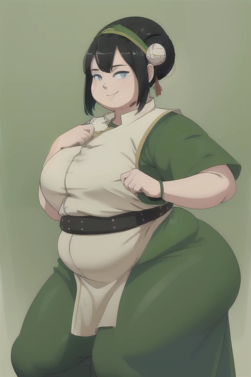 masterpiece, best quality, highres, 1girl, SSBBW, solo, black hair, hairband, belt, short hair, dress, blue eyes, hair bun, green hairband, blind, chinese clothes, hair bun, green dress, short sleeves, pelvic curtain, smile, fighting stance,