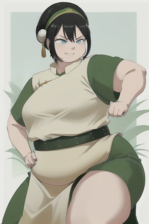 masterpiece, best quality, highres, 1girl, SSBBW, solo, black hair, hairband, belt, short hair, dress, blue eyes, hair bun, green hairband, blind, chinese clothes, hair bun, green dress, short sleeves, pelvic curtain, smile, fighting stance,