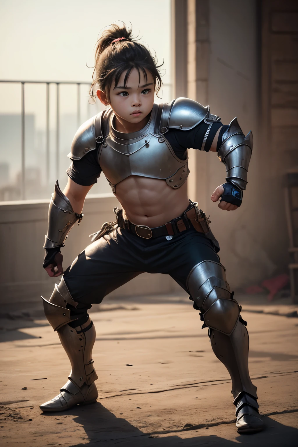 Best quality, realistic, image of cute year-old babyboy, ponytail, fighting pose, looking camera, full body, bikini armor, naked suit, no background