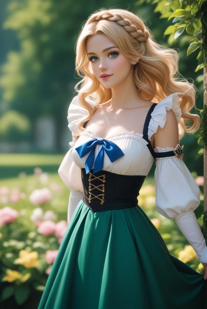 A very realistic portrait of a young woman inspired by the anime series Violet Evergarden. Her long wavy blonde hair is elegantly tied back, and her expressive blue eyes express deep emotion and longing. She is dressed in a sophisticated vintage style outfit: a cream blouse with puff sleeves, blue ribbon tie, and dark green skirt. The background is a peaceful outdoor setting with soft lighting and a blurred garden scene. Please gouge out the full body.