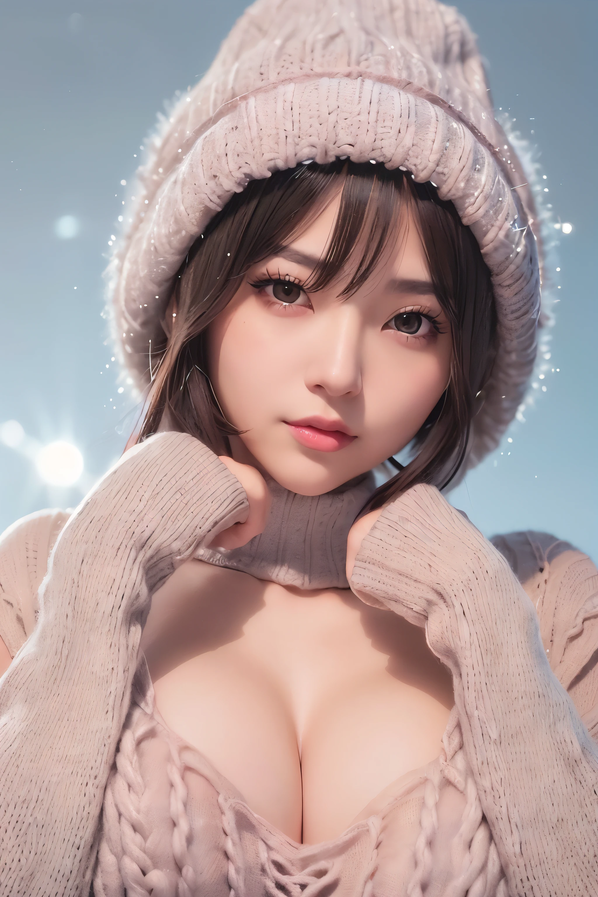 (masterpiece, top-quality),1girl in, 独奏, A dark-haired, scarf, Hats, realisitic, realisitic, looking at the viewers, black eyes of light color, Brunette Short Bob Hair, Brown coat, Winter clothes, White headscarf, s lips, bangss, plein air, a closed mouth, The upper part of the body、big eye、Lashes、((Beautiful landscape of sparkling snow))、(((Shorthair with bangs、big eye、large full breasts、gazing at viewer、Beautiful beauty、Put your ears out、long neck、little smiling、Close your mouth and smile)))、