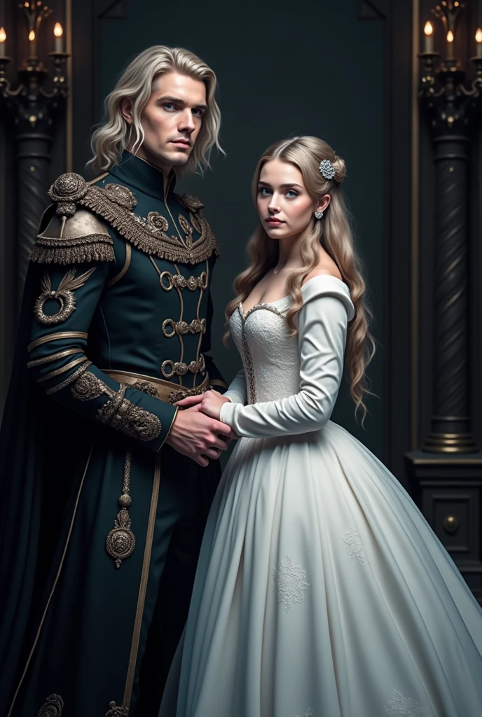 Images of two teenage twins with white hair walking in heels in a castle at night, dark evening, Well-detailed dress border with a mix of Victorian and Roman clothing. Their skin is clear, the dresses having white colors, red and gold. The salon being luxurious, darker. Framing like a manga. Relaxed position. Long corridor. Chandeliers and candles. The twins would be in a relaxed pose. The two would be running hand in hand in a fun pose., leaning on each other while smiling.
ultra realistic pictures.