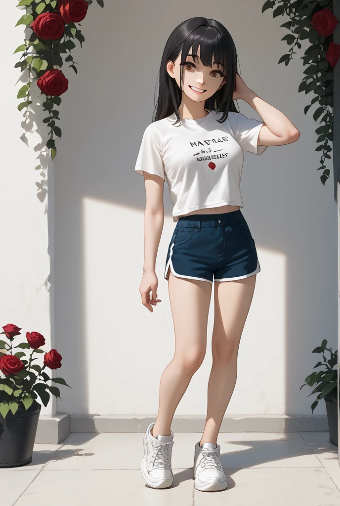 Masterpiece, a young beautiful  anime girl, smiling, looking at the you , standing in front of a clump of roses, wearing shorts and t-shirt, white sneakers. Wearing a top and shorts, flowers, full-body , casual pose, slender legs Looking at viewer, Bangs, Breasts, 