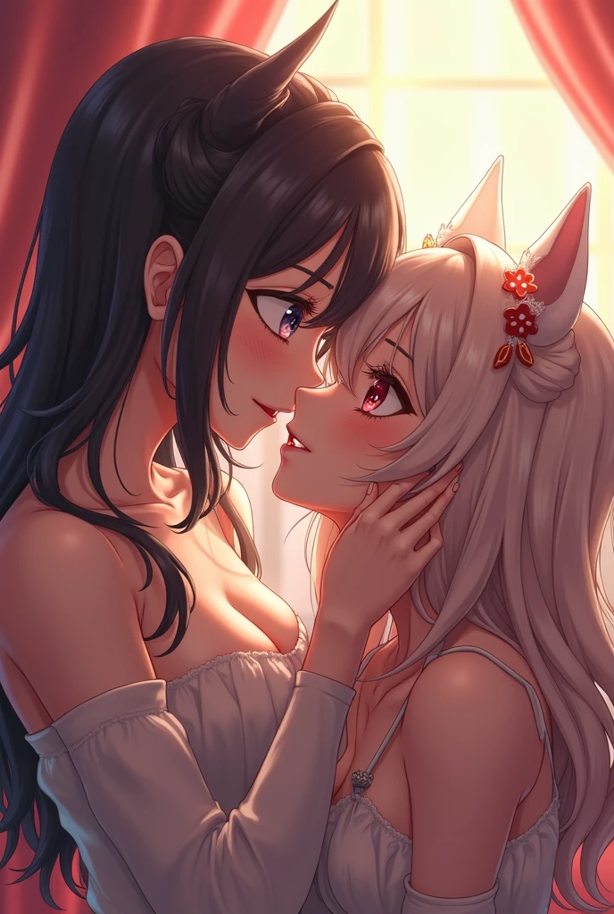 Anime boy with black hair and red eyes in room with anime woman with long black hair and red eyes and cat ears Anime girl with white hair and cat ears watching angrily