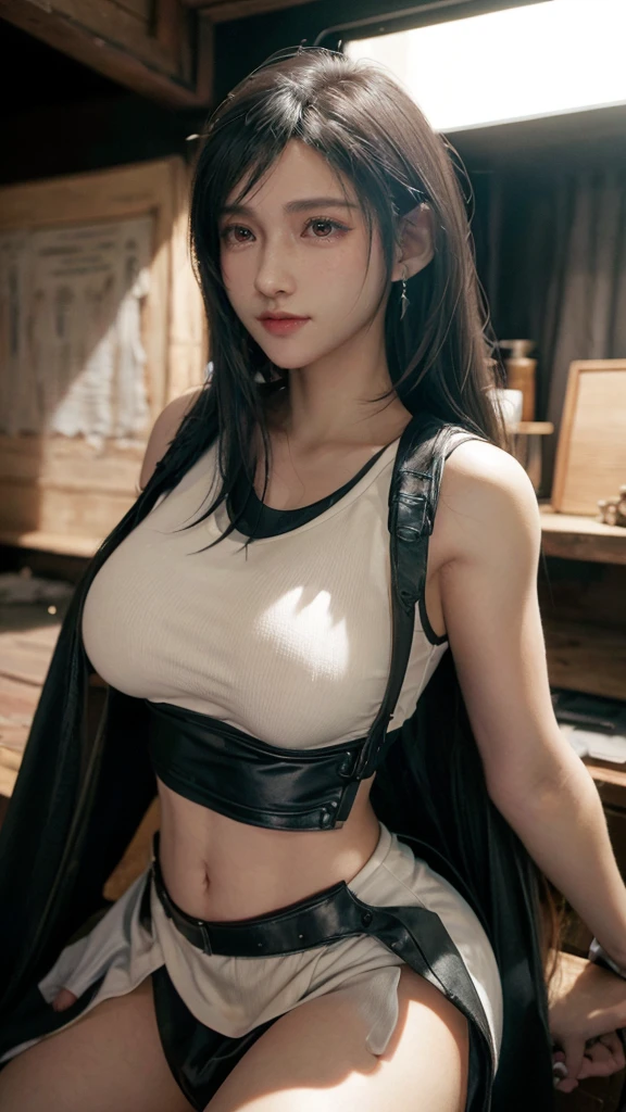 (((FF7Tifa, 1girl, black hair, long hair, red eyes))),  Smiled in camera , Masterpiece, best quality, ultra highres, detailed illustration ,cinematic, masterpiece,1girl, ((( large breasts))), beautiful detailed eyes, beautiful detailed lips, extremely detailed eyes and face, long eyelashes, voluptuous figure, alluring girl, goddess, sexy girl, girl cosplay, photo realistic, 18 years old, seductive pose, (best quality,4k,8k,ultrahighres,master piece:1.2),ultra-detailed,(realistic,photorealistic),((photo-realistic:1.4)),HDR,UHD,studio lighting,ultra-fine painting,sharp focus,physically-based rendering,extreme detail description,professional,vivid colors,bokeh,portraits,