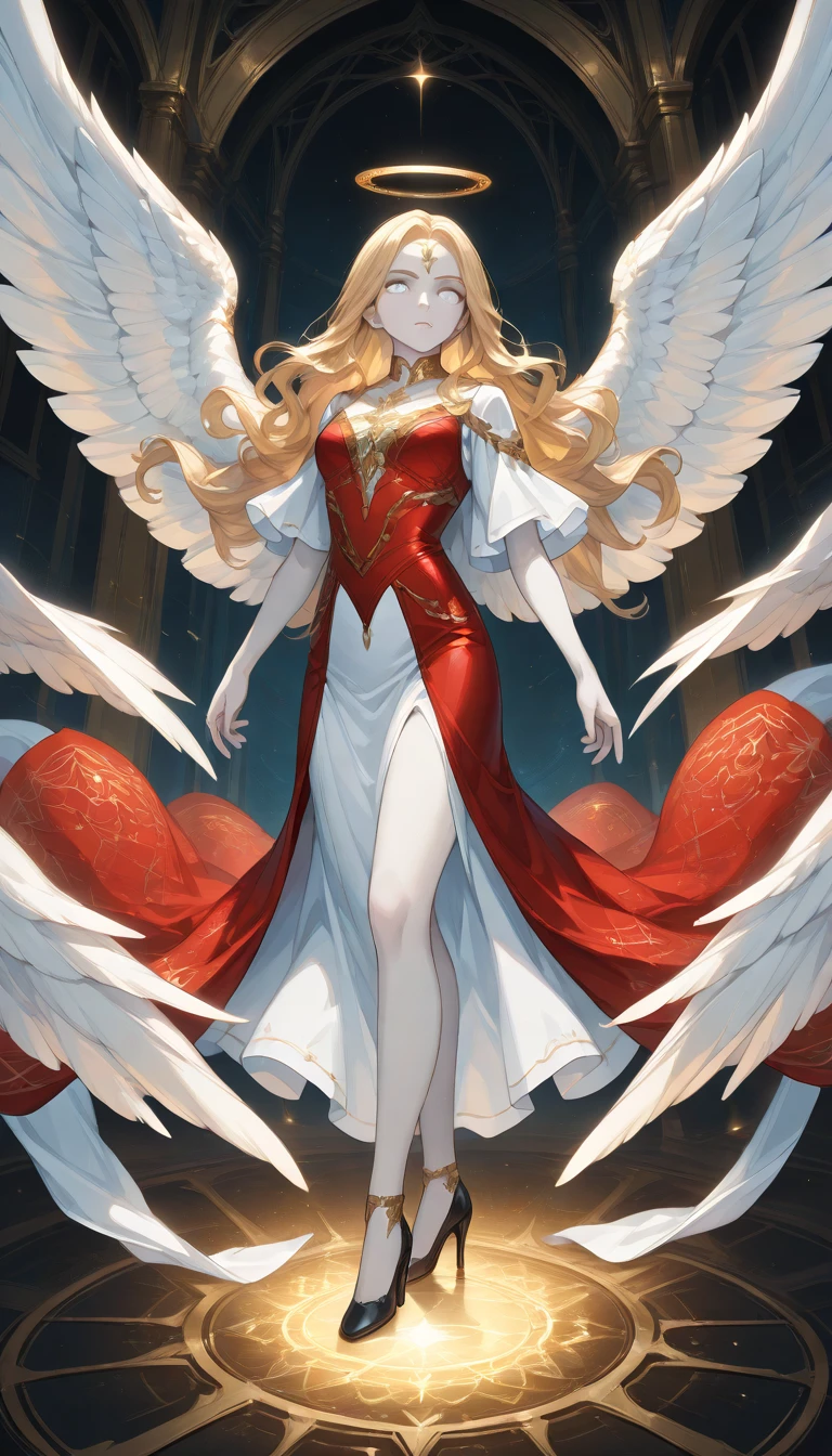 score_9, score_8_up, score_7_up, score_6_up, score_5_up, score_4_up, a picture of magnificent  female angel, beautiful face, (best detailed face: 1.2), divine face,  busty long hair, dynamic hair color, long hair, wavy hair, shining blue eyes, white wings, wearing intricate elegant, (red leather dress: 1.3), wearing ((black high heels: 1.5)), pale skin, angel wings, wings, white wings, blond hair, white eyes, glowing eyes, white dress with golden pattern, Halo, fantasy,   fantasy