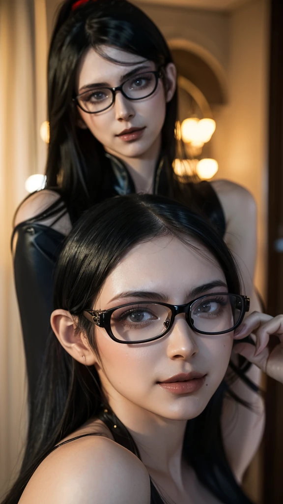 (((BBayo, 1girl, long hair, black hair, glasses))), Smiled in camera , Masterpiece, best quality, ultra highres, detailed illustration ,cinematic, masterpiece,1girl, ((( large breasts))), beautiful detailed eyes, beautiful detailed lips, extremely detailed eyes and face, long eyelashes, voluptuous figure, alluring girl, goddess, sexy girl, girl cosplay, photo realistic, 18 years old, seductive pose, (best quality,4k,8k,ultrahighres,master piece:1.2),ultra-detailed,(realistic,photorealistic),((photo-realistic:1.4)),HDR,UHD,studio lighting,ultra-fine painting,sharp focus,physically-based rendering,extreme detail description,professional,vivid colors,bokeh,portraits,