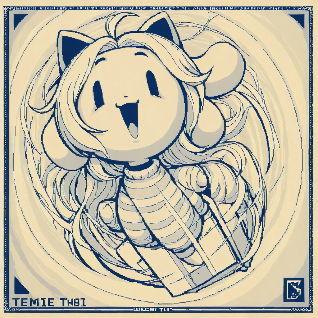 text "hoI",temmie\(undertale\) in the box,(pixel art), monochrome, excited,dynamic angle,close up of the face, motion blur,dynamic angle