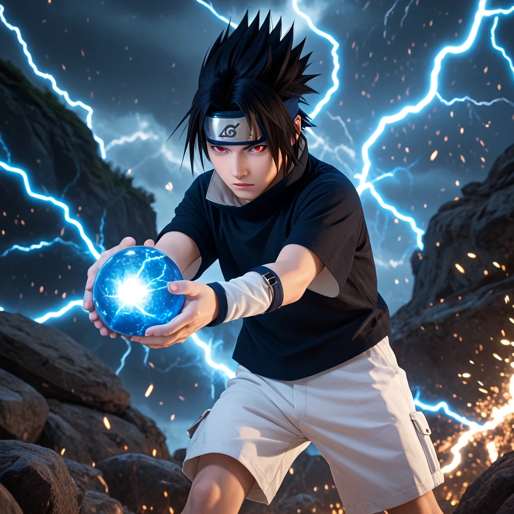 Sasuke uchiha, 1boy, solo, red eyes, black hair, short hair, spiked hair, parted bangs, forehead protector, high collar, black shirt, short sleeves, cream shorts, lightning magic, hand blue fire, white glowing lightning ball, hand carrying lightning ball glowing, rocks background, lightning overlay