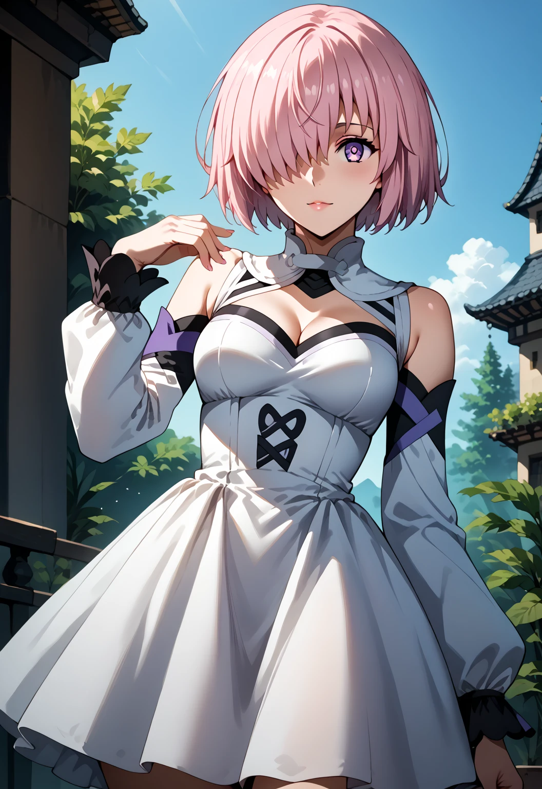 masterpiece, best quality, highres, 1girl, hair over eyes, heterochromia, blue eyes, yellow eyes, solo, frankenstein's monster \(fate\), mechanical horns, veil, elbow gloves, white dress, long dress, white gloves, short hair, pink hair, bare shoulders, medium breasts, headgear, cowboy shot, <lora:frankenstein_v1:0.6>, walking, street, outdoors, (blood:1.3), holding weapon,