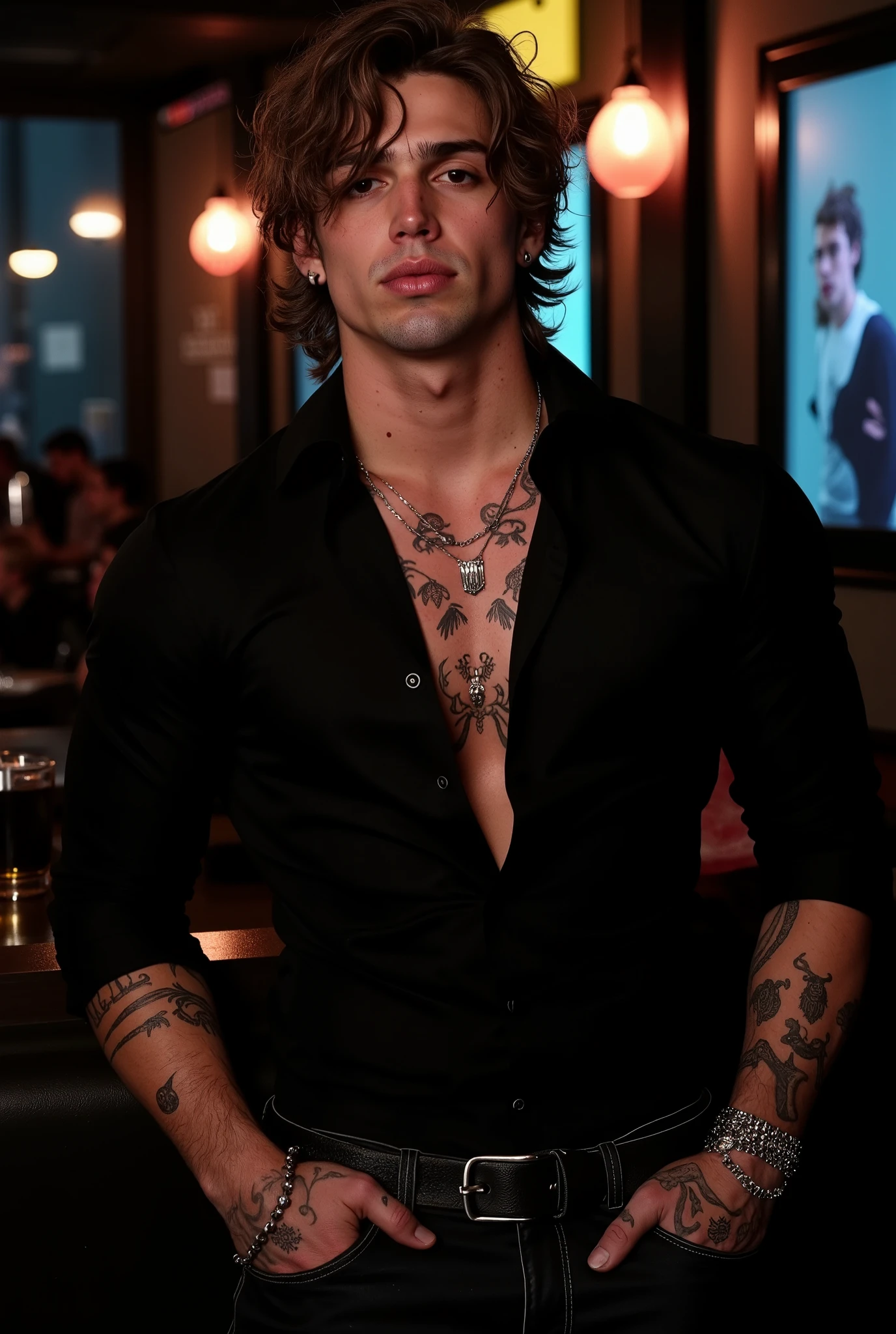 Vinnie Hacker. The image is a high-resolution photograph of Vinnie Hacker with medium-length, wavy brown hair that falls slightly over his forehead. He has a strong, angular jawline and a serious expression. He is leaning against the wall in a dimly lit nightclub. He has a light complexion and expressive eyes. He is wearing a fitted black buttoned-up shirt untucked from the jeans, with the sleeves rolled up to his elbows, that is very tight against his muscled arms and chest. The sleeves of the shirt hug his biceps tight. He is wearing fitted denim jeans with a black belt and silver buckle, that hug his crotch, showing off his large bulge.