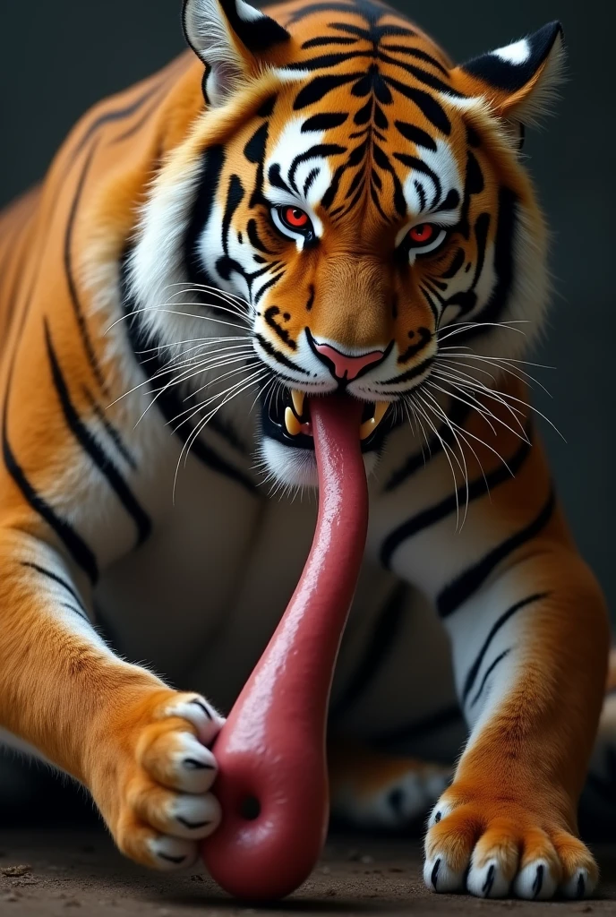 Feral, furry, panting, bjg cat tiger,  detailed paws, 5 fingers each paw, 1 tongue, 1 pussy , 1 anus, 2 testicles, detached 1 tail, tiger, after orgasm, vivid colors, realistic , white background, cum in ass, cum on floor, cum on pussy , realistic pussy