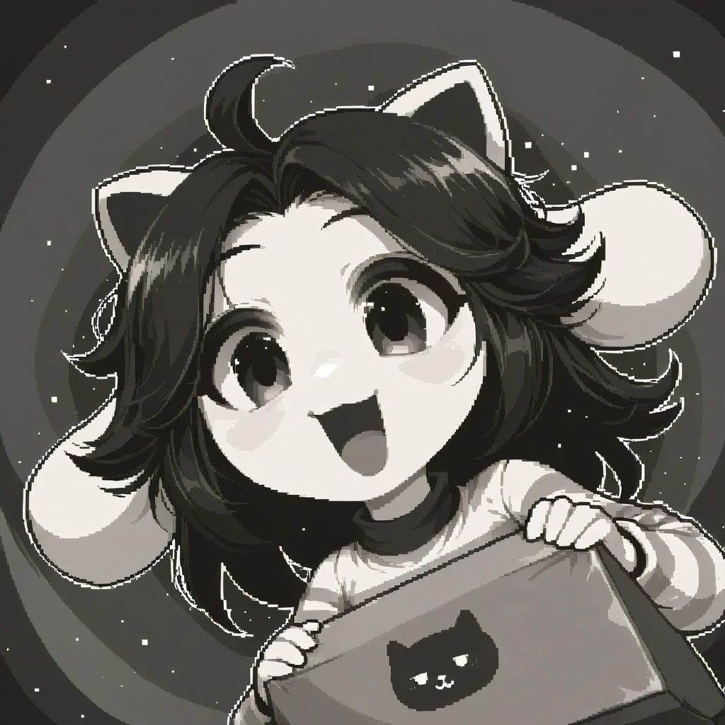 temmie\(undertale\) in the box,(pixel art), monochrome, excited,dynamic angle,close up of the face, motion blur,dynamic angle