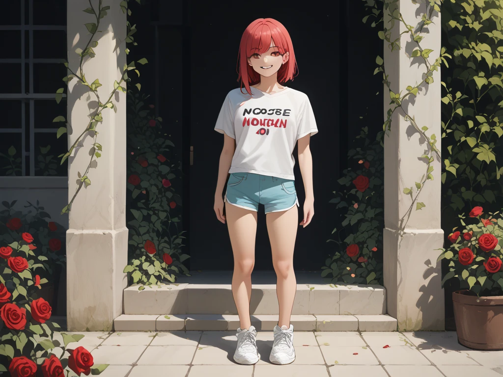 Masterpiece, a beautiful  anime woman , smiling, looking at the you , standing in front of a clump of roses, wearing shorts and t-shirt, white sneakers. Wearing a top and shorts, flowers, full-body , casual pose, slender legs Looking at viewer, Bangs, Breasts, 