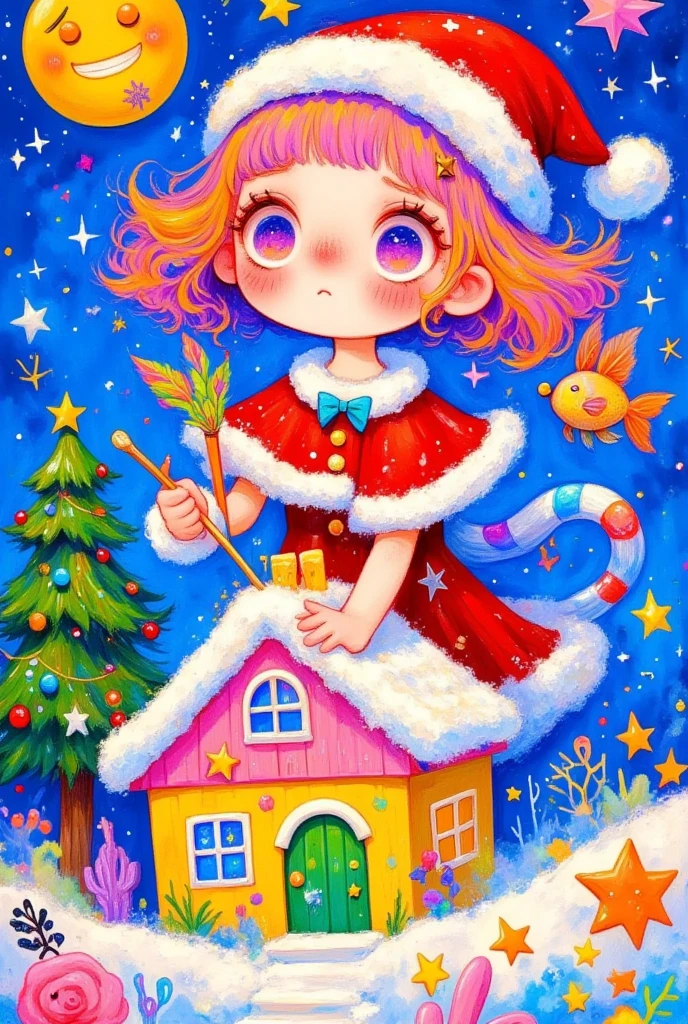  A painting holding a magic wand and a fish, Santa hat，Tiny House，Ni Duan's storybook illustration, ArtStation, Fantasy Art,  cute detailed digital art , Lovely art style,  Fairy tale illustration style , 可爱的数字艺术,  a beautiful art illustration , Colorful illustration,  可爱的细节艺术品 ,  Has magical powers,  cute illustration , Fantasy Art style