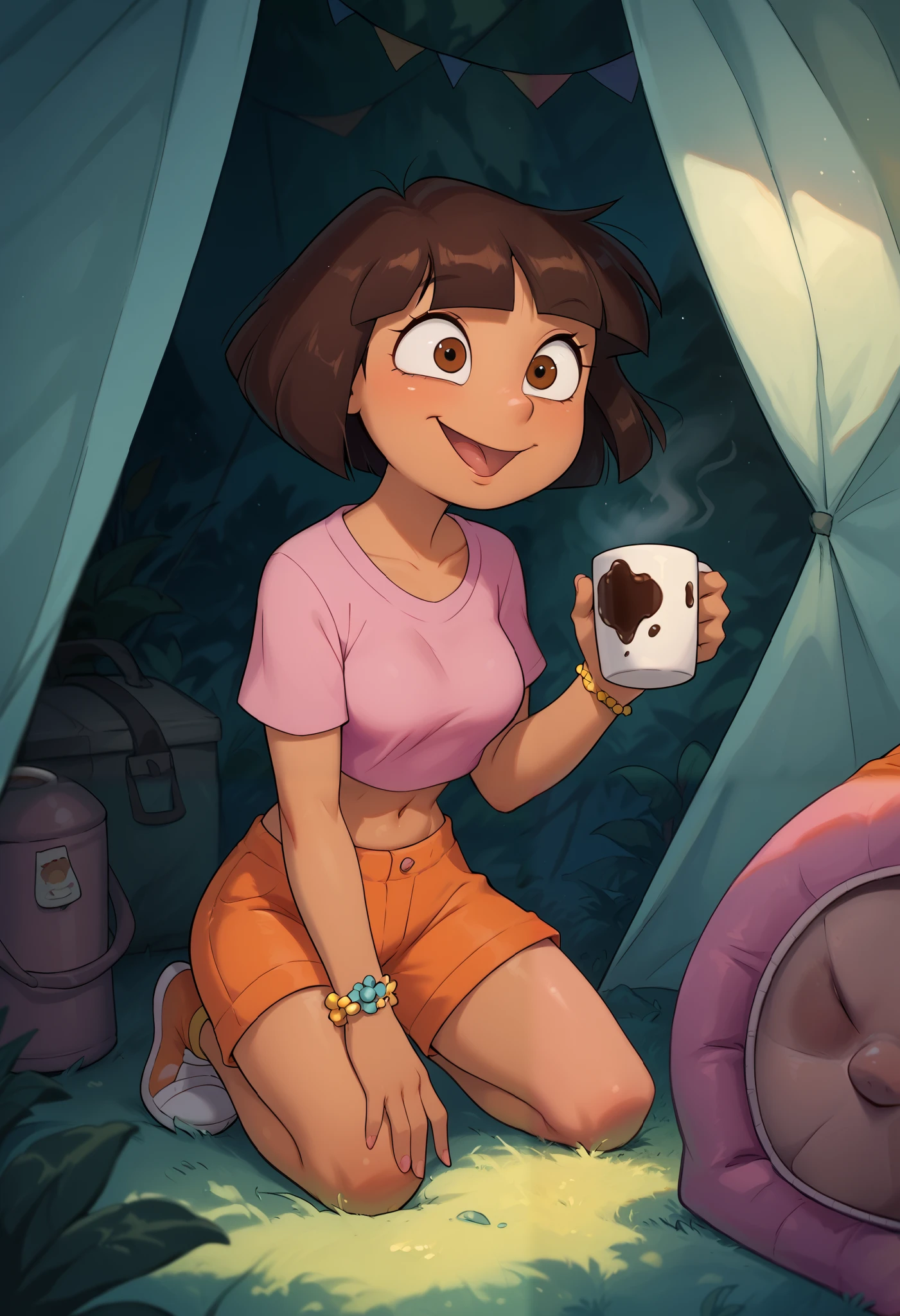  solo, From the front, cute, coffee mug, holding coffee, crazy eyes, goofy smile, on knees, medium breasts, Dora,  brown eyes, morning, inside a tent, outdoors, dark-skinned female, bob cut, (pink shirt), crop top, bare midriff, loose shirt, (orange shorts), bracelet, (slender athletic body), leaning forward,