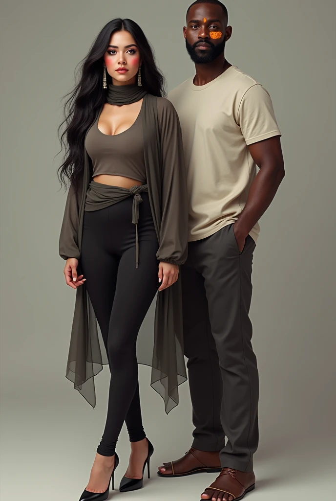 A tall African American woman with a crop top, long curly hair, and open toe wedges in her house, standing next to her husband. They are the same height.