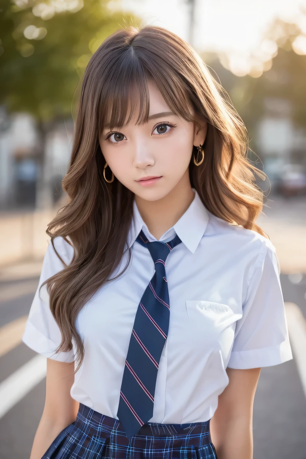 (highest quality,in 8K,masterpiece:1.3),(超A high resolution,Photorealistic:1.4,RAW shooting),(Ultra-detailed,Caustics,Perfect Anatomy),(Ultra-detailed background,Ultra-Realistic Capture,Beautiful and detailed eyes),(school:1.1),(school uniform:1.1),Stand,Japanese,18-year-old,cute,black wavy hair, high school girlGal,Staring at this,Confused expression,Dynamic Lighting,Photographed from the front,Poses that accentuate the chest,full body,wide shot