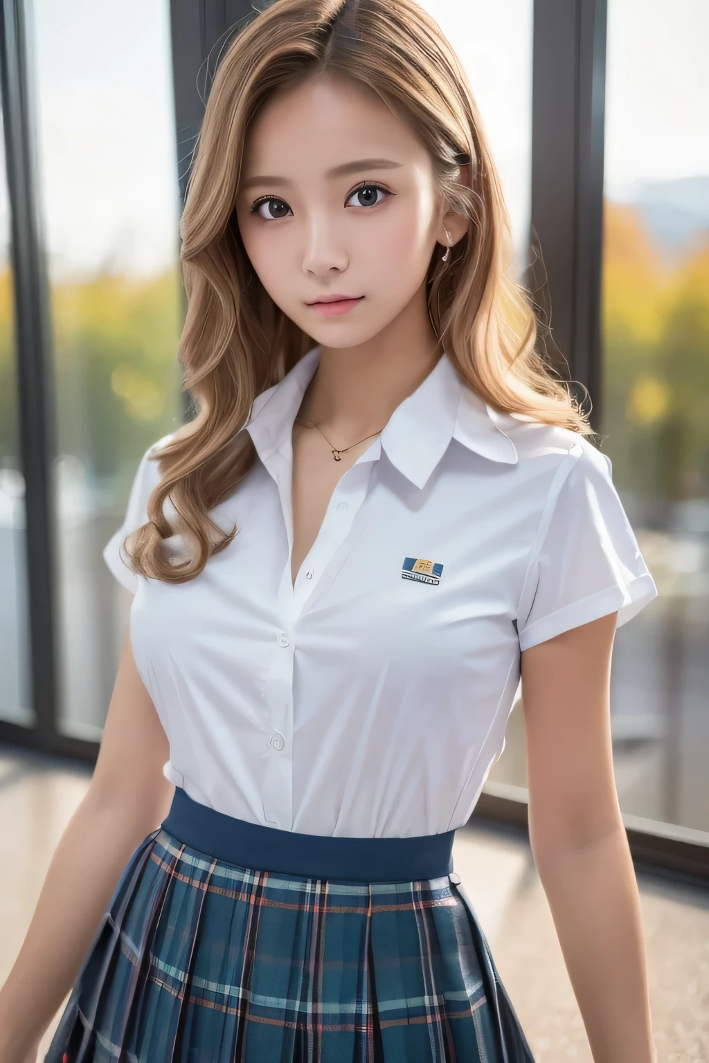 (highest quality,in 8K,masterpiece:1.3),(超A high resolution,Photorealistic:1.4,RAW shooting),(Ultra-detailed,Caustics,Perfect Anatomy),(Ultra-detailed background,Ultra-Realistic Capture,Beautiful and detailed eyes),(school:1.1),(school uniform:1.1),Stand,Japanese,18-year-old,cute,Blonde wavy hair, high school girlGal,Staring at this,Confused expression,Dynamic Lighting,Photographed from the front,Poses that accentuate the chest,full body,wide shot