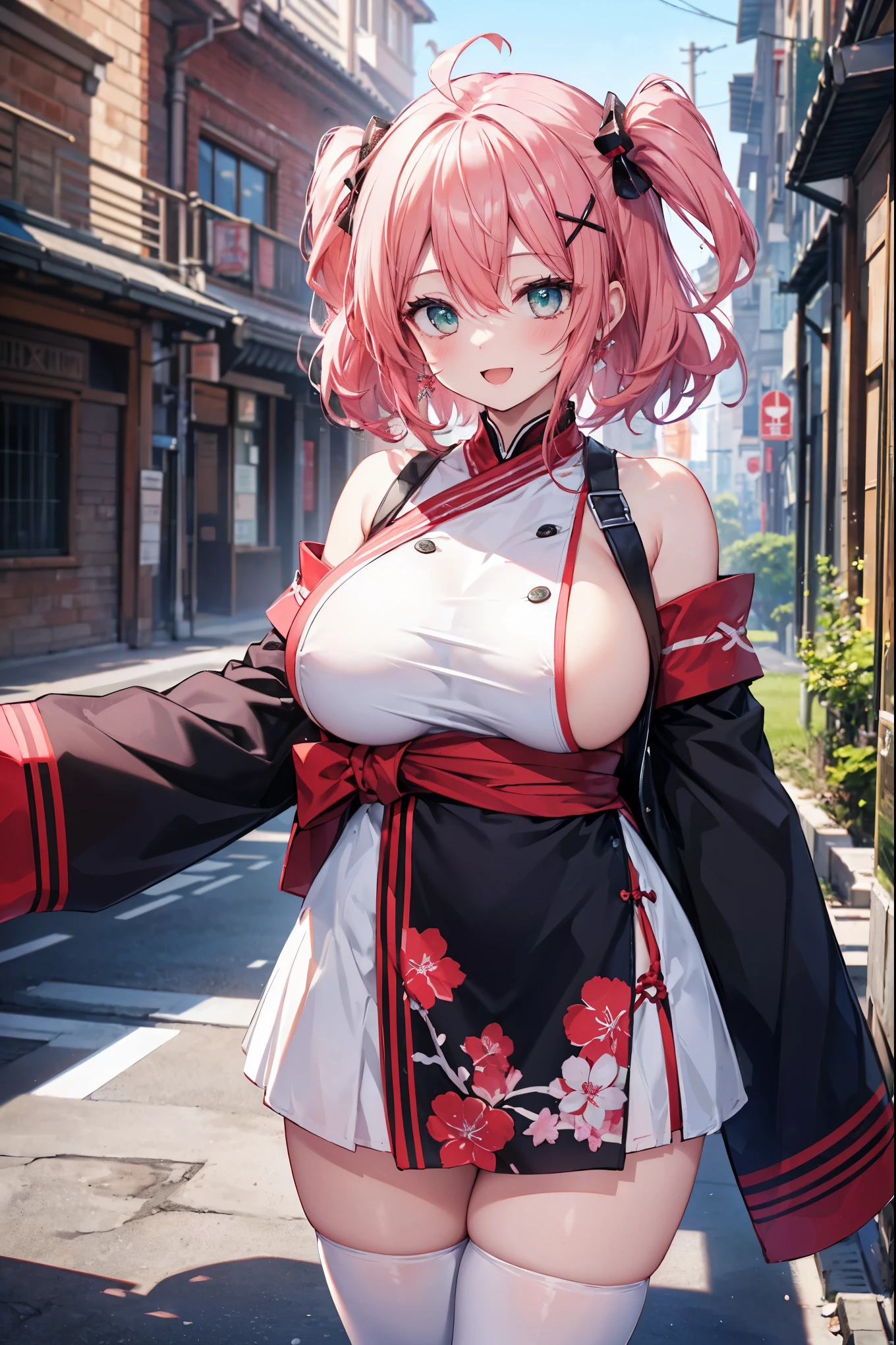 1girl, (ulzzang-6500:0.7), kpop idol, yae miko, detached sleeves, bare shoulders, pink hair, long hair, japanese clothes, best quality, (painting:1.5), (hair ornament:1.35), jewelry, purple eyes, earrings, breasts, torii, cherry blossoms, lantern light, depth of field, detailed face, face focus, ribbon_trim, (looking at viewer:1.25), nontraditional miko, shiny skin, long sleeves, smile, thick lips, game cg, hands on lips, east asian architecture, (blurry background:1.2), sitting, upper body,