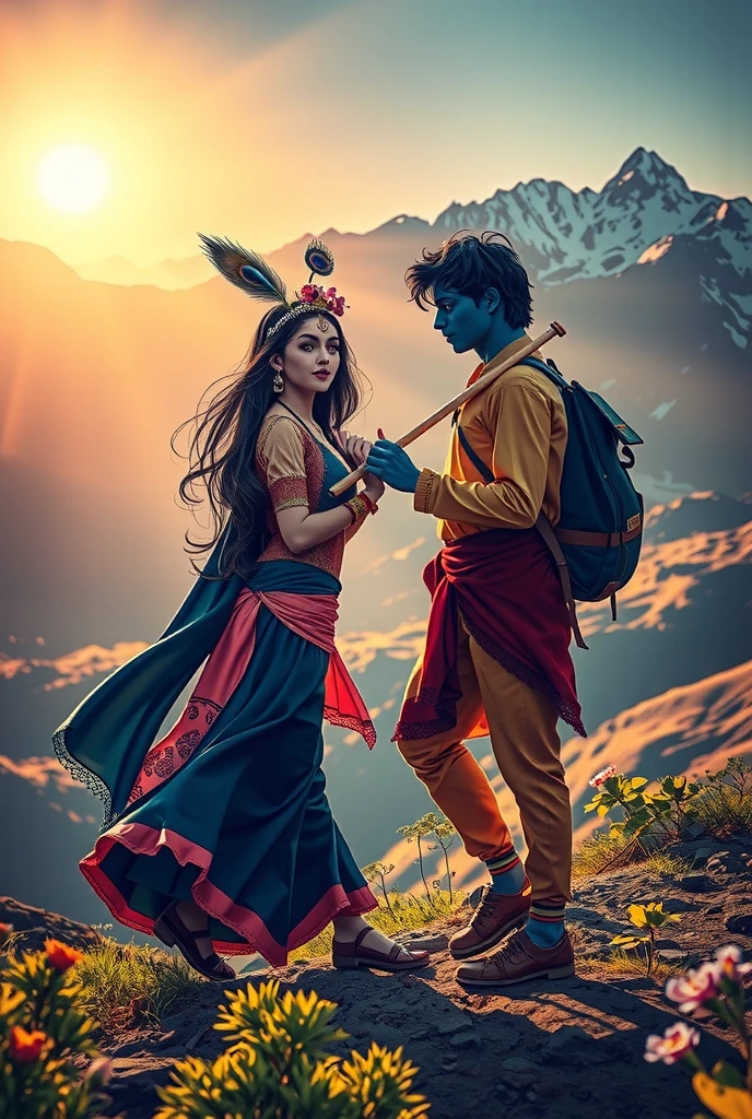 "An modern depiction of Radha and Krishna hiking through the verdant hills of Nepal, set against a breathtaking panorama of towering, snow-capped mountains glowing softly in the light of a warm, setting sun. Radha, with luminous golden-white skin, emanates a celestial glow, dressed in an elegant yet functional hiking outfit with a primary color of deep, royal blue and accents of soft pink. Her dark, flowing hair is adorned with delicate flowers and a small, intricately designed crown. A vivid red tilak graces her forehead, symbolizing her divine essence. Krishna, with his radiant blue skin shimmering in the golden light, carries his iconic flute slung across his back. He is dressed in a modern hiking ensemble of vibrant yellow and deep crimson, the colors symbolizing vitality and passion. A peacock feather flutters gently in his hair, complementing his white tilak, which gleams like a beacon of divinity. As they trek gracefully along the serene trails, their divine presence transforms the landscape around them. The greenery seems more vibrant, the air more fragrant, and the trails glimmer faintly under their feet. The setting sun casts long, golden beams that wrap around them like a halo, while distant Himalayan peaks reflect the heavens' hues, creating a celestial, otherworldly atmosphere. The scene captures a harmonious blend of earthly beauty and divine transcendence, highlighting the eternal bond of love and spirituality between Radha and Krishna."
