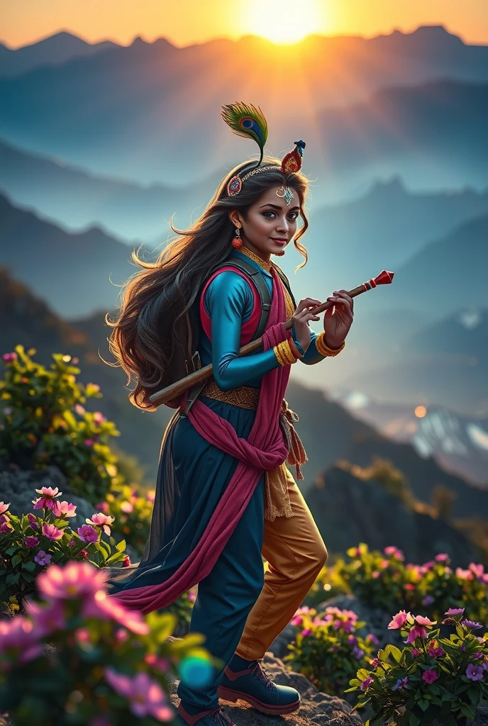 "An modern depiction of Radha and Krishna hiking through the verdant hills of Nepal, set against a breathtaking panorama of towering, snow-capped mountains glowing softly in the light of a warm, setting sun. Radha, with luminous golden-white skin, emanates a celestial glow, dressed in an elegant yet functional hiking outfit with a primary color of deep, royal blue and accents of soft pink. Her dark, flowing hair is adorned with delicate flowers and a small, intricately designed crown. A vivid red tilak graces her forehead, symbolizing her divine essence. Krishna, with his radiant blue skin shimmering in the golden light, carries his iconic flute slung across his back. He is dressed in a modern hiking ensemble of vibrant yellow and deep crimson, the colors symbolizing vitality and passion. A peacock feather flutters gently in his hair, complementing his white tilak, which gleams like a beacon of divinity. As they trek gracefully along the serene trails, their divine presence transforms the landscape around them. The greenery seems more vibrant, the air more fragrant, and the trails glimmer faintly under their feet. The setting sun casts long, golden beams that wrap around them like a halo, while distant Himalayan peaks reflect the heavens' hues, creating a celestial, otherworldly atmosphere. The scene captures a harmonious blend of earthly beauty and divine transcendence, highlighting the eternal bond of love and spirituality between Radha and Krishna."
