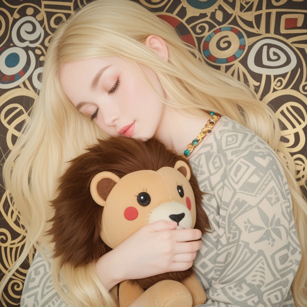  A blonde hair straight long hair Girl . holding cute lion plush doll. girl hair very long . background is tribal totem , background abstract , Gustav Klimt style , low brightness ,Milky color , golden straight hair ,face close-up,Night image,Golden hair outline , Doll simplified nerdy , background golden sparkle complex 