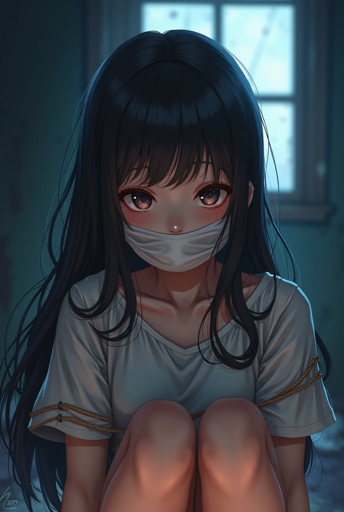 Anime girl, wearing white shirt with long sleeves, wearing shorts jeans, long straight black hair, asian skin tone, very cute, her wrists are tied up together with ropes behind her back, her elbows are tied up together with ropes behind her back, her mouth is taped shut with duct taped around her mouth, she can't say anything but muffles, her ankles are tied up together with ropes, her knees are tied up together with ropes, there are ropes tied around up and down her boobs, she is sitting, she is helpless, she is crying for help