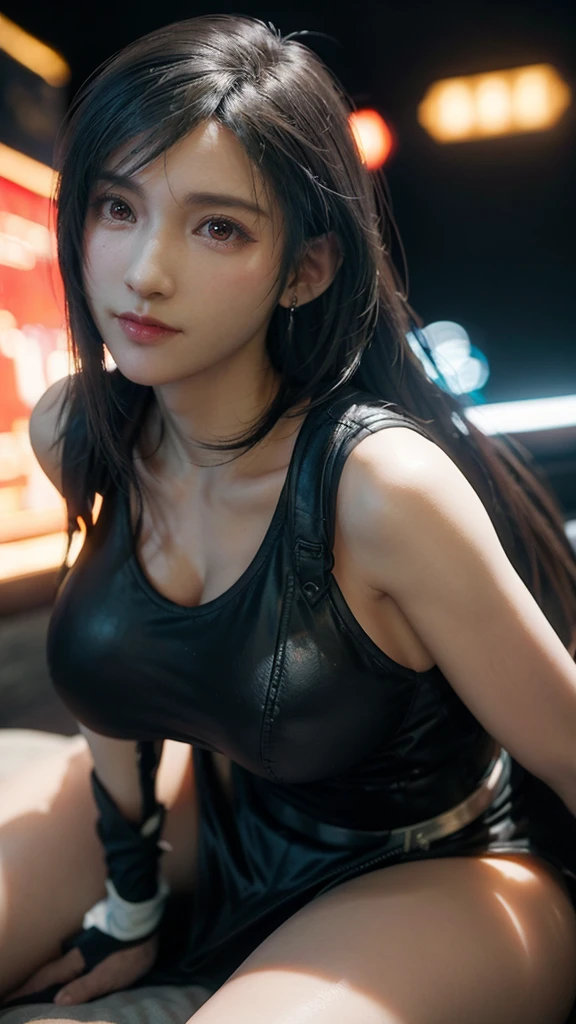 (((FF7Tifa, 1girl, black hair, long hair, red eyes))),  Smiled in camera , Masterpiece, best quality, ultra highres, detailed illustration ,cinematic, masterpiece,1girl, ((( large breasts))), beautiful detailed eyes, beautiful detailed lips, extremely detailed eyes and face, long eyelashes, voluptuous figure, alluring girl, goddess, sexy girl, girl cosplay, photo realistic, 18 years old, seductive pose, (best quality,4k,8k,ultrahighres,master piece:1.2),ultra-detailed,(realistic,photorealistic),((photo-realistic:1.4)),HDR,UHD,studio lighting,ultra-fine painting,sharp focus,physically-based rendering,extreme detail description,professional,vivid colors,bokeh,portraits,