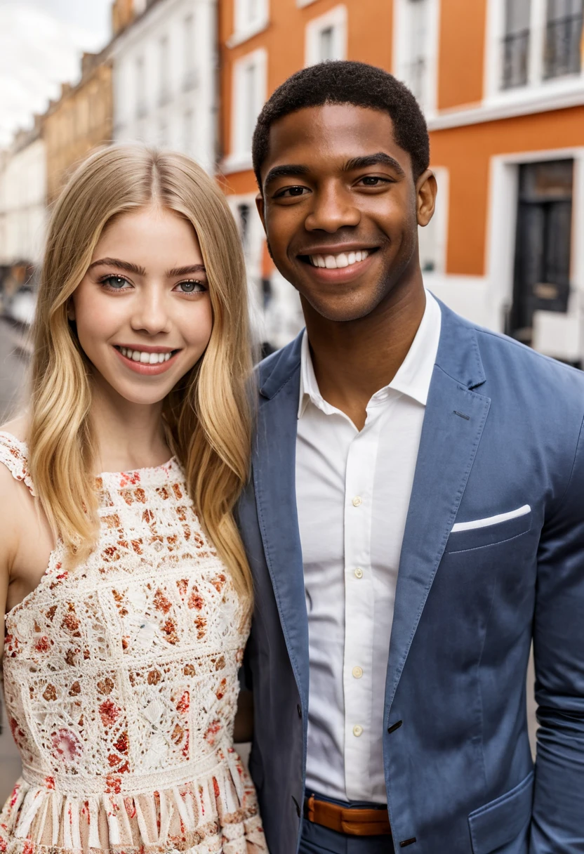 A traditional wedding photo of an European couple: a blonde woman and a dark man, taken in the forest in spring, looking at the camera, bright gleeful smile, cherry blossoms,
(intricate detail), grainy, Fujifilm XT3, 55mm lens, subtle lens flares