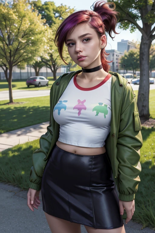 (masterpiece, best quality:1.2), frankiefoster, 1girl, fat, body plus, solo, breasts, skirt, medium breasts, shirt, hair ornament, jacket, white shirt, ponytail, choker, hairclip, midriff, crop top, black choker, purple skirt, green jacket, cropped shirt, park, park bench, running, path, tree, grass,