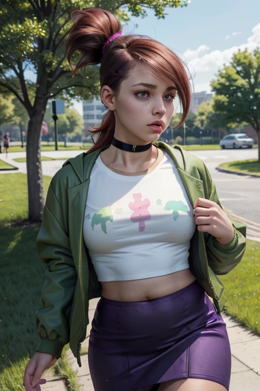 (masterpiece, best quality:1.2), frankiefoster, 1girl, fat, body plus, solo, breasts, skirt, medium breasts, shirt, hair ornament, jacket, white shirt, ponytail, choker, hairclip, midriff, crop top, black choker, purple skirt, green jacket, cropped shirt, park, park bench, running, path, tree, grass,