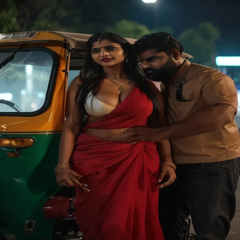 A sexy housewife, with a curvy, body typical of Indian beauty though she is bit curvy and chubby in a hot sexy way her belly is toned though. She wears Bengali saree below her navel, she has her navel pierced. She lives in a village. Her figure is like Tamanaah Bhatia, sexy woman with belly exposure and cleavage. 
It should love triangle scenario. With two muslim men with their muslim cap and one sexy hindu housewife  