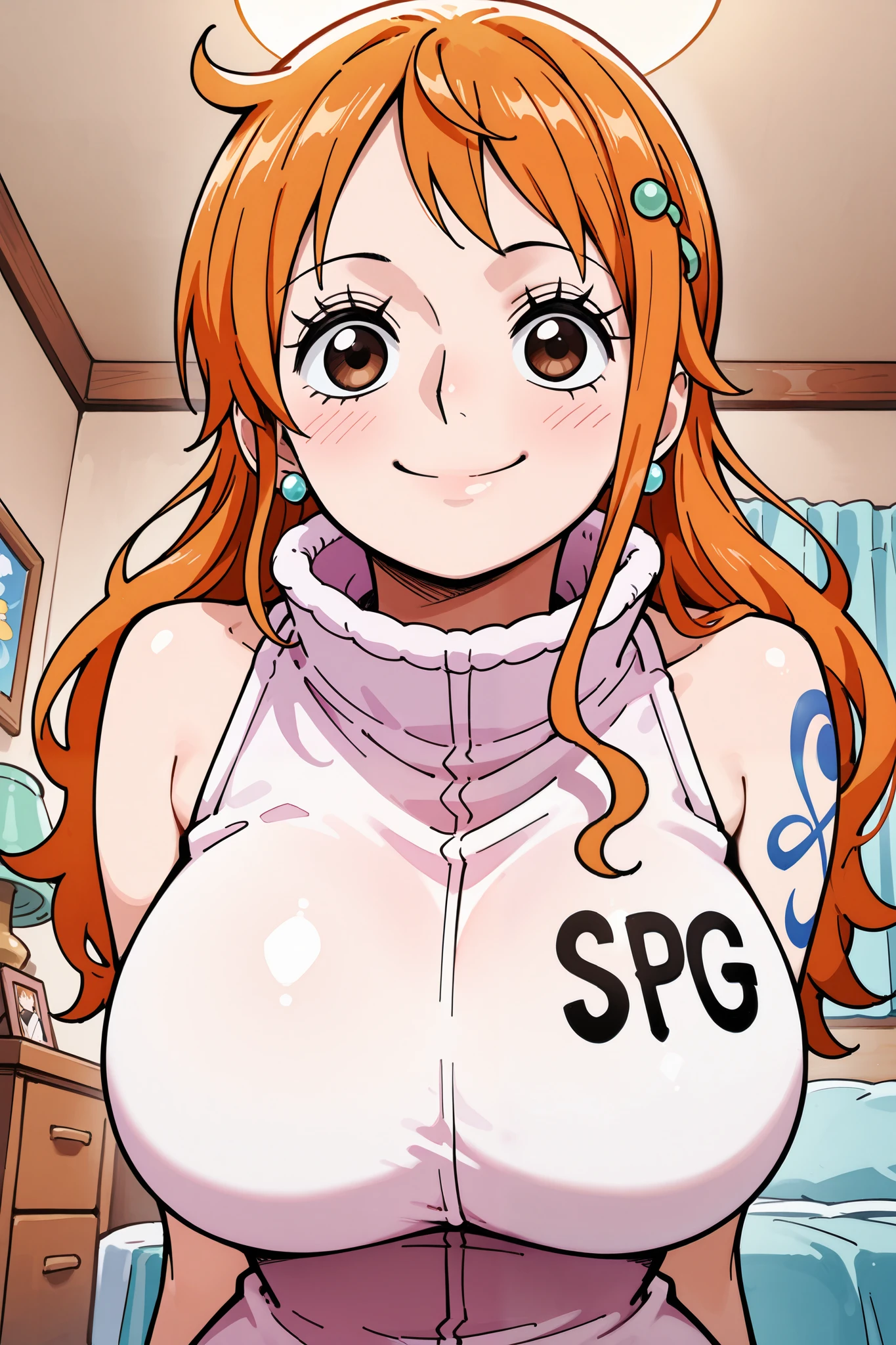 Score_9, Score_8_up, Score_7_up, Score_6_up, Score_5_up, Score_4_up, Source_anime, Tag1, Tag2, nami, one piece, masterpiece, best quality, eggnami, 1girl, solo, long hair, breasts, smile, blushed, huge breasts, brown eyes, jewelry, orange hair, bracelet, tattoo, bedroom, low angle