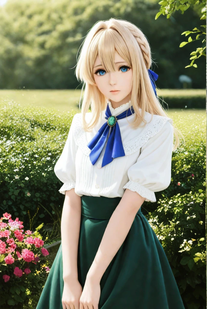 A very realistic portrait of a young woman inspired by the anime “Violet Evergarden. Her long wavy blonde hair is elegantly tied back and her expressive blue eyes express deep emotion and longing. She is dressed in a sophisticated vintage style outfit: cream blouse with puff sleeves, blue ribbon tie, and dark green skirt. The backdrop is an idyllic outdoor setting with soft lighting and a blurry garden scene. Please draw a full-length portrait. One part is androgynous and has machine body parts.