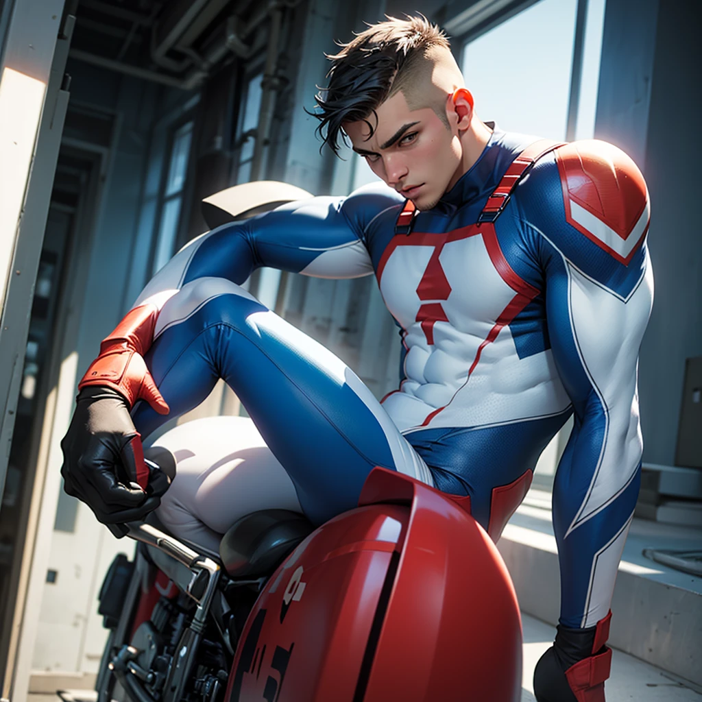 Athletic young guy, short hawk faux hair, in skintight light blue and white superhero suit