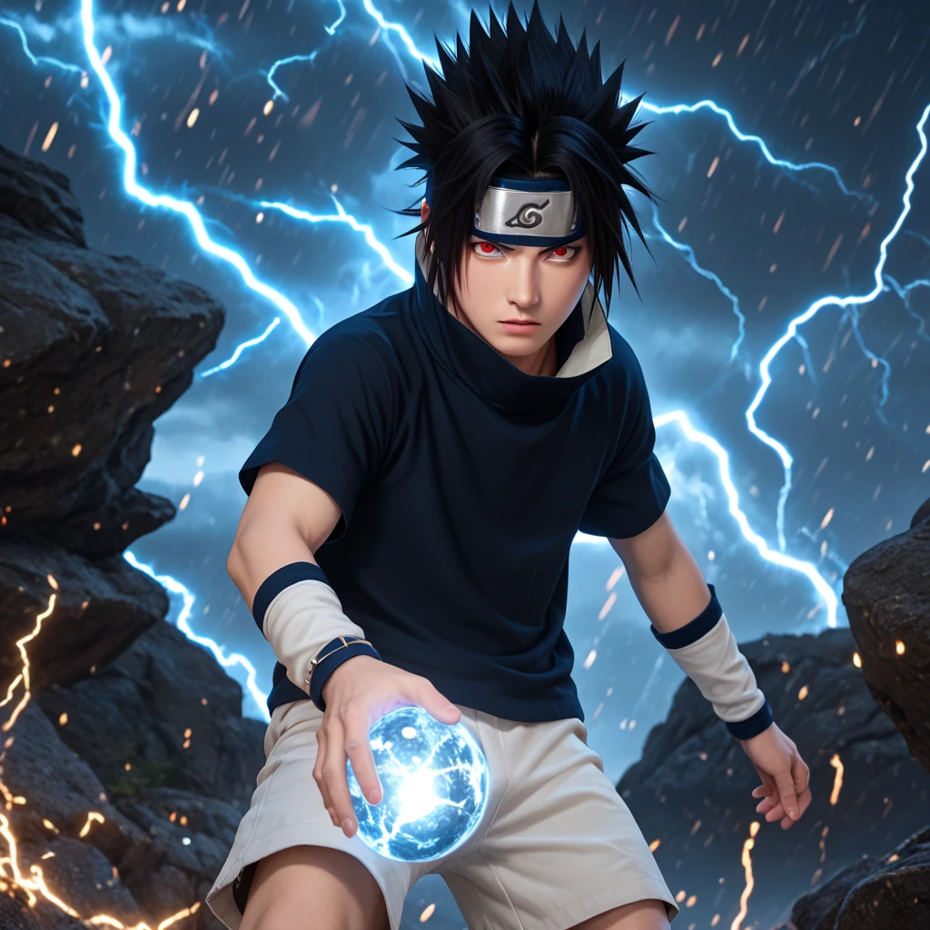 Sasuke uchiha, 1boy, solo, red eyes, black hair, short hair, spiked hair, parted bangs, forehead protector, high collar, black shirt, short sleeves, cream shorts, lightning magic, white glowing lightning ball, hand drag lightning ball glowing, rocks background, lightning overlay