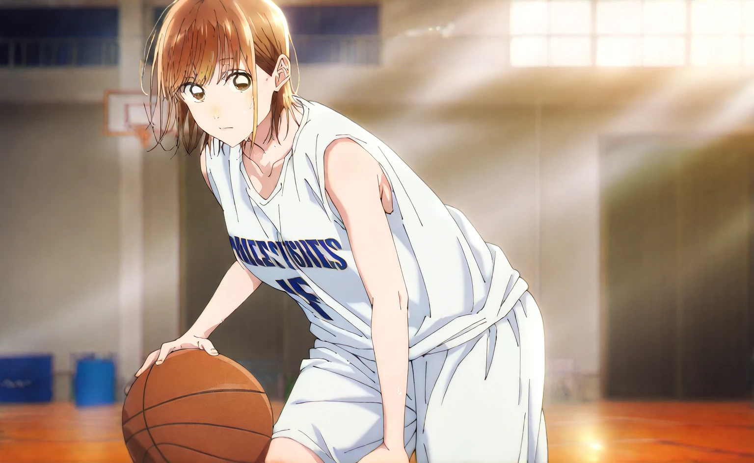      1 girl, Alone, Chinatsu,     Blurry Background,      brown eyes、      basketball uniform with a basketball in one hand 、      tank top、Bibs、 Inside is black 、naked 、  Skindent 、   large areolas supporting breasts 、     lean forward    、   put your hands on your knees、     small 、belly button、Gym、      basketball only     、   viewers, masterpiece,  top quality,      High Quality    ,           very aesthetic       ,      absurd、(      Sleeveless、 basketball only     、side、side汗、   Raise your face 、   dribble、Move)、execution、    hopeless、     sweated、In motion、basketball ring     