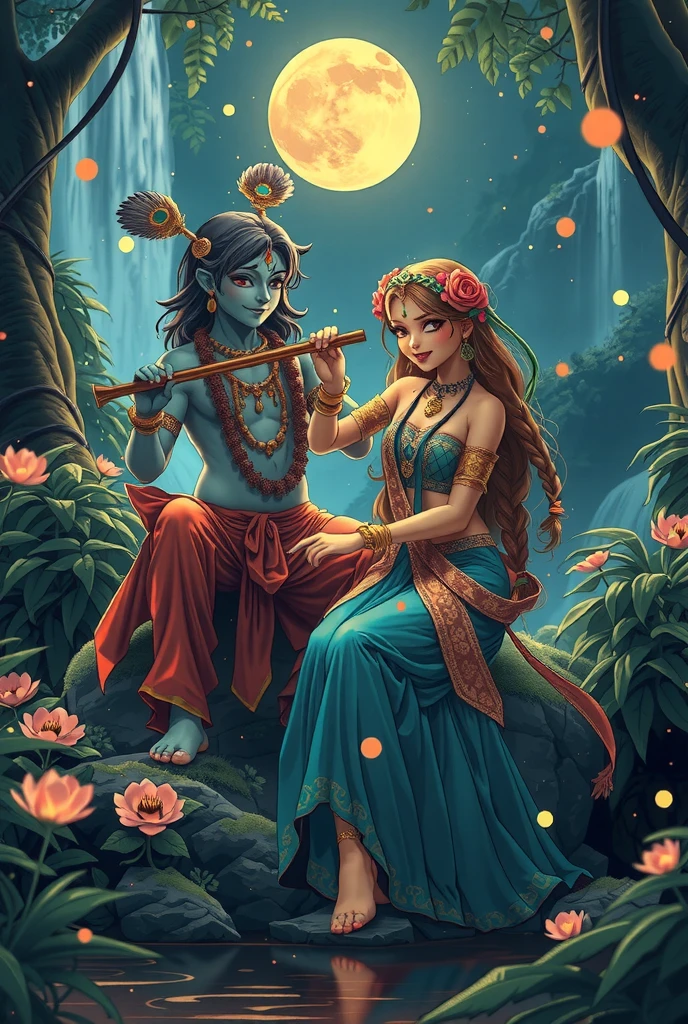 A vibrant anime-inspired scene featuring Krishna and Radha in a lush, enchanted forest with glowing bioluminescent plants and cascading waterfalls in the background. Krishna, with radiant blue skin, sits serenely on a moss-covered rock, playing his iconic flute, wearing a traditional deep teal dhoti paired with a flowing gold sash and adorned with peacock feathers in his crown. His expression is calm yet joyful, radiating divine serenity. Radha, with glowing golden-white skin and braided hair adorned with fresh flowers, dances gracefully nearby, her face lit with playful laughter. She wears an elegant forest-green lehenga with intricate golden embroidery, blending with the mystical surroundings. Fireflies and floating orbs of light add a magical touch, while the reflection of the moon glimmers in a serene forest pool. The entire scene evokes a feeling of ethereal romance and divine connection.