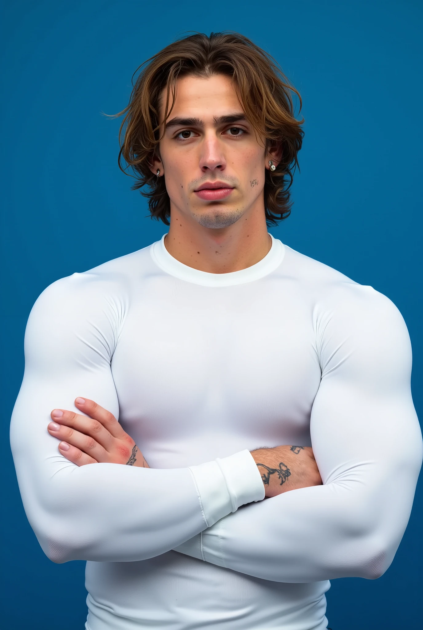 Vinnie Hacker. The image is a high-resolution photograph of Vinnie Hacker with medium-length, wavy brown hair that falls slightly over his forehead. He has a strong, angular jawline and a serious expression. He is standing against a solid blue background. He has a light complexion and expressive eyes. He is wearing a fitted white compression shirt, the fabric is very tight against his muscled arms and chest. The sleeves of the shirt hug his biceps tight.