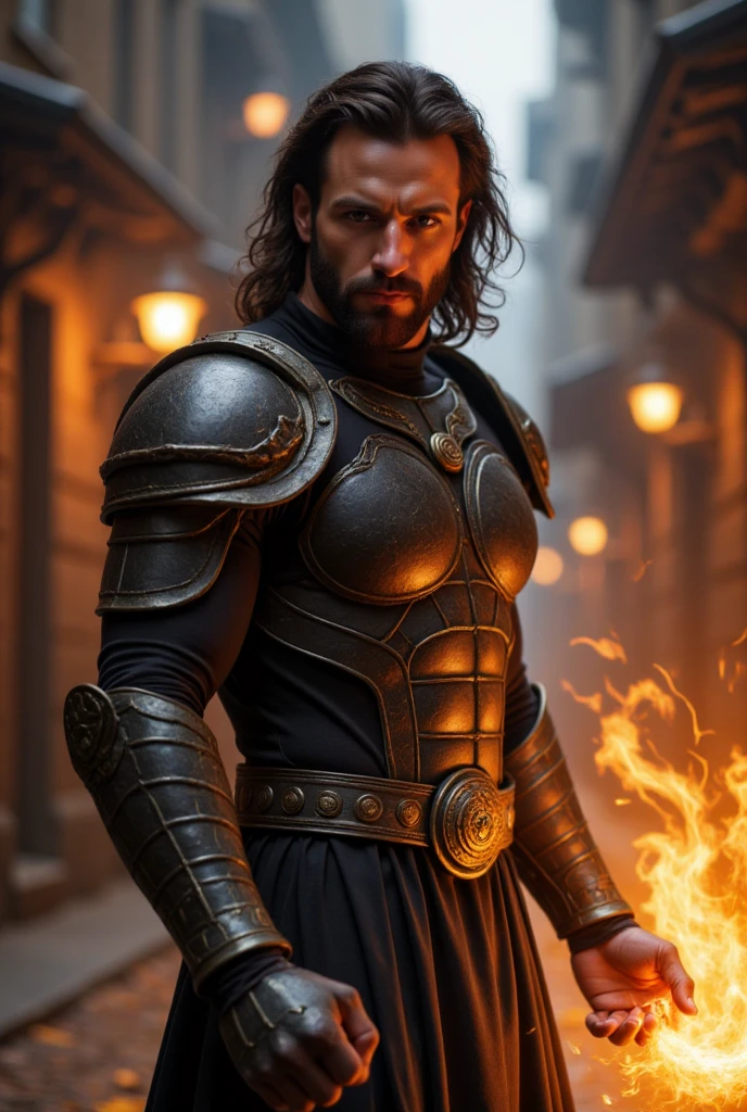 Zafer, A shot An awe-inspiring male paladin, wearing a embers black bodysuit, extremely masculine physique, intricately detailed metal body armour, karate fighting stance, emanating potent light magic. The scene is set in a dark and mysterious cityscape, illuminated by the glow of the paladin's magic. The composition is expertly crafted, with breathtaking attention to detail and cinematic lighting. The overall aesthetic is reminiscent of Fujifilm photography, capturing the beauty and depth of the scene