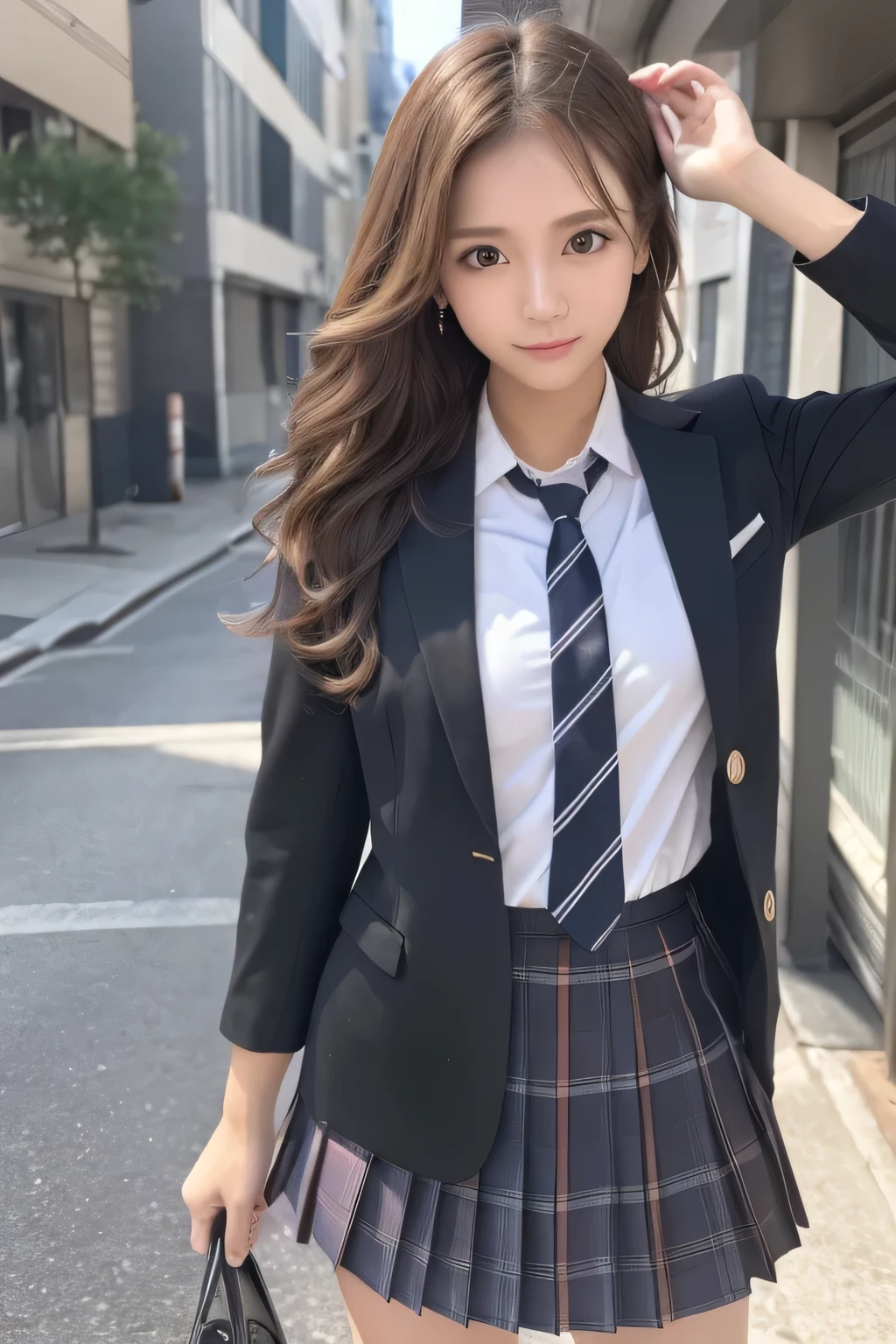 (highest quality,in 8K,masterpiece:1.3),(超A high resolution,Photorealistic:1.4,RAW shooting),(Ultra-detailed,Caustics,Perfect Anatomy),(Ultra-detailed background,Ultra-Realistic Capture,Beautiful and detailed eyes),(school:1.1),(school uniform:1.1),Stand,Japanese,18-year-old,cute,smile,black wavy hair, high school girlGal,Staring at this,Confused expression,Dynamic Lighting,Photographed from the front,Poses that accentuate the chest,full body