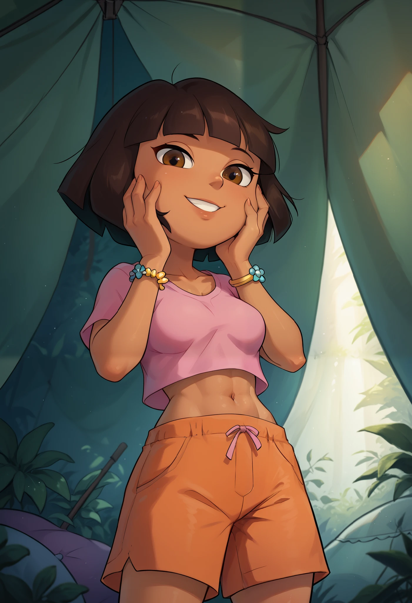  solo, cute, bedroom eyes, sinister grin, hands on face, standing over you, looking down at you, pov from below, medium breasts, Dora,  brown eyes, morning, inside a tent, outdoors, dark-skinned female, bob cut, (pink shirt), crop top, bare midriff, loose shirt, (orange shorts), bracelet, (slender athletic body), 