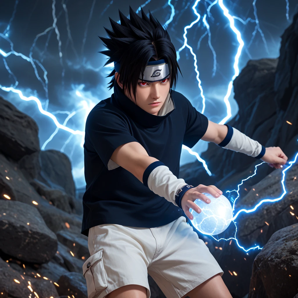 Sasuke uchiha, 1boy, solo, red eyes, black hair, short hair, spiked hair, parted bangs, forehead protector, high collar, black shirt, short sleeves, cream shorts, lightning magic, white glowing lightning ball, hand drag lightning ball glowing, rocks background, lightning overlay