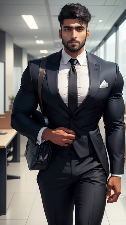 Create an ultra realistic a full body head to thighs image of an extremely attractive handsome 30 year old only beared man with spiky hairstyle exuding confidence and professionalism in his attire. he should have sharp features, mesmerizing hazel eyes, and a symmetrical face that radiates grace. The background should be dark. The man should be dressed in opened formalshirt with opened trouser. Capture the essence of his determination, intelligence, and poise, making him the epitome of a successful and empowered Indian man in the corporate world.