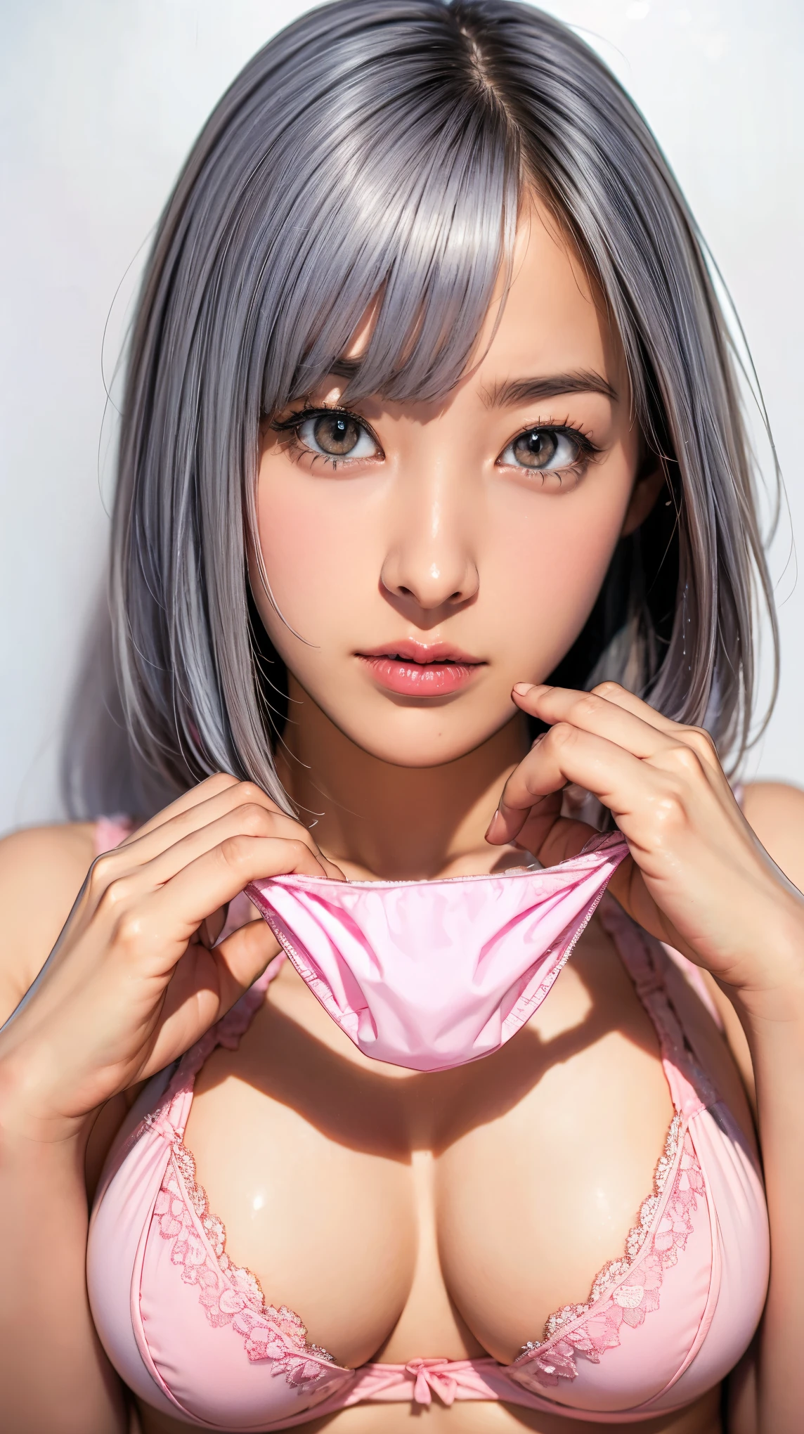 Very big black panties、Panties with a cross pattern、Light purple hair、Bobcut、Face is close、Close face、Panties in front、Showing panties、Very big panties、Pretty big panties